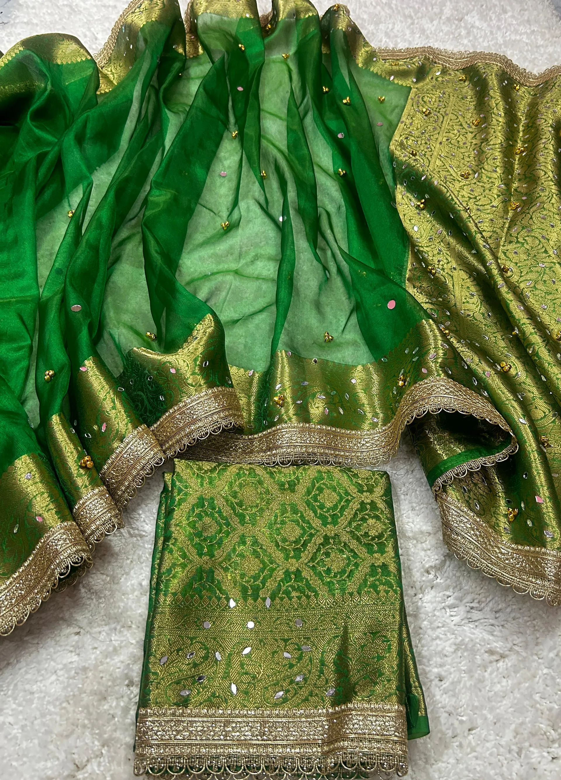 Banarasi Glass Tissue Silk Saree with Hand Ghungroo & Mirror Work - View 3