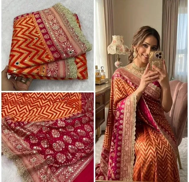 Banarasi Soft Kataan Georgette Silk Mirror Work Saree - View 4