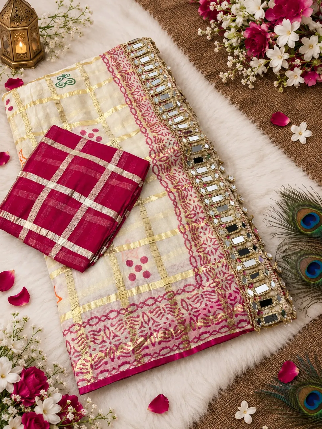 Premium Soft Viscose Checks Weaving Saree with Mirror Work Border - Premium Soft Viscose Saree Online India - Buy at ₹1799 - Image 1