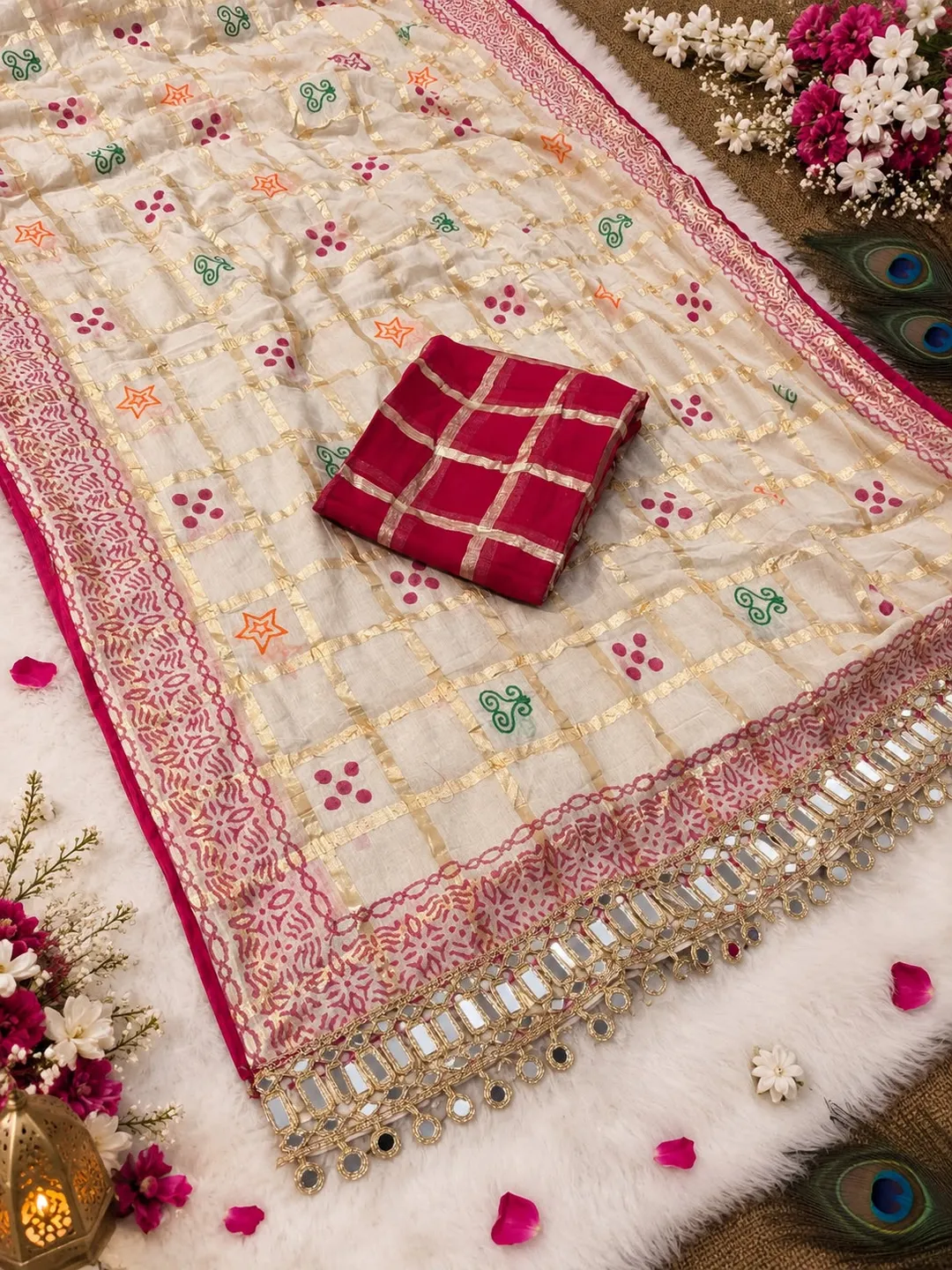 Premium Soft Viscose Checks Weaving Saree with Mirror Work Border - View 2