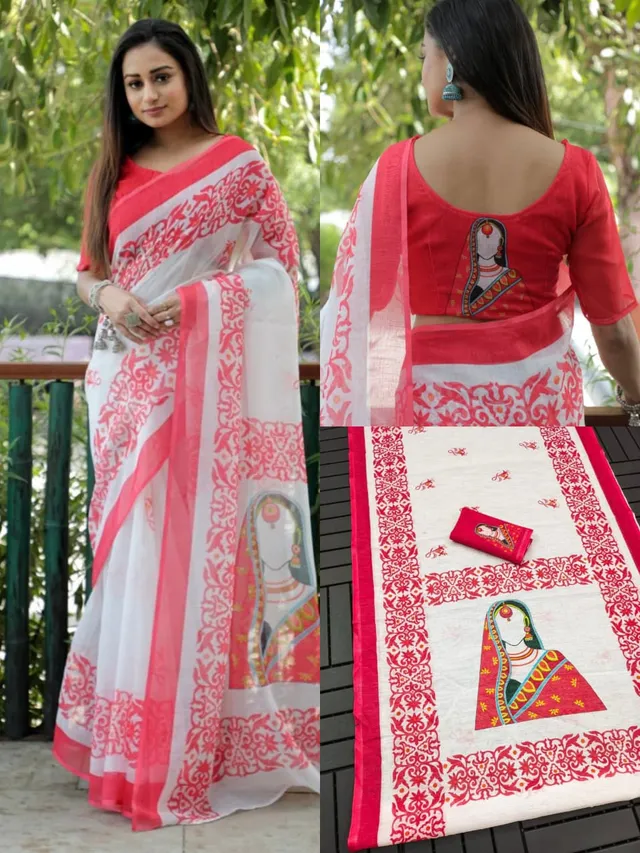 Durga Puja Special – Premium Linen Digital Print Saree Collection - View 2