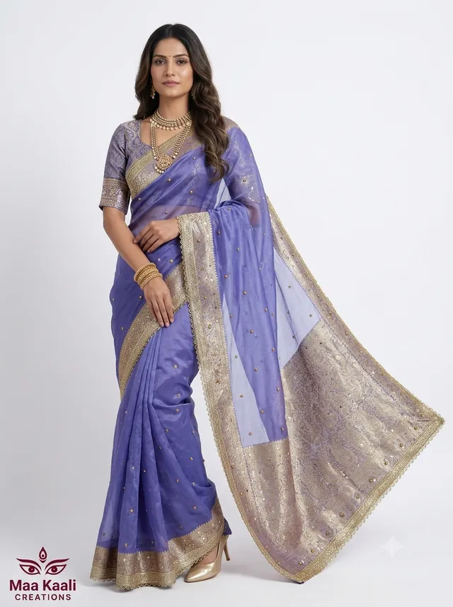 Banarasi Glass Tissue Silk Saree with Hand Ghungroo & Mirror Work - Second View