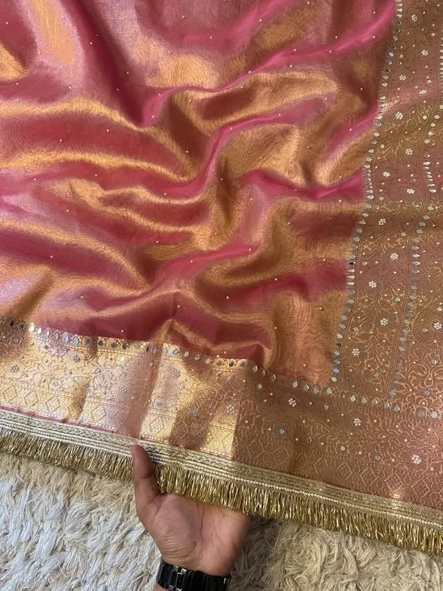Banarasi Soft Glass Tissue Silk Mirror, Pearl & Stone Work Saree - View 2
