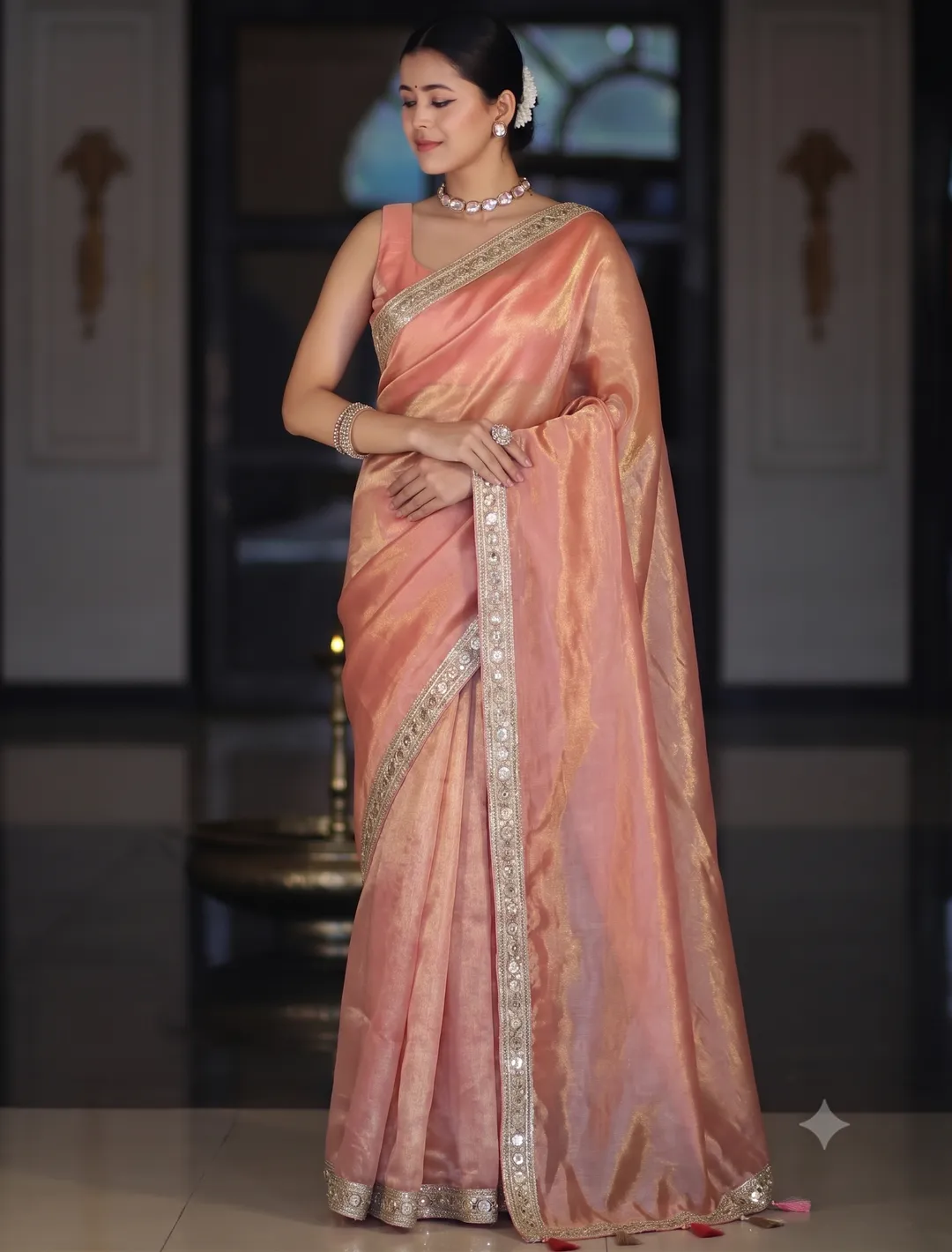 Banarasi Soft Plain Tissue Silk Saree with Heavy Lace Border - Premium Banarasi Soft Plain Tissue Silk Saree Online India - Buy at ₹1699 - Image 1